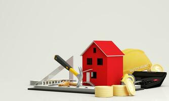 Background images for construction contractors or home renovations or real estate investments. with a red house model Surrounded by carpentry tools and tape measure. 3d rendering illustration photo