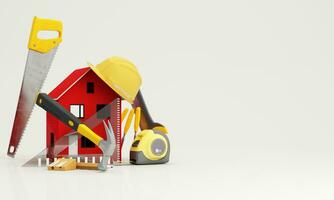 Background images for construction contractors or home renovations or real estate investments. with a red house model Surrounded by carpentry tools and tape measure. 3d rendering illustration photo