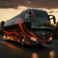 AI generated Red and black Modern comfortable tourist bus. Travel and coach tourism concept. Trip and journey by vehicle photo
