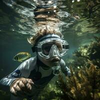 AI generated Children playing at the river on a warm sunny day. they are wearing snorkling equiptment and are in the water photo