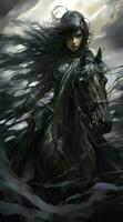 AI generated Epic fantasy. Beautiful woman warrior and her black horse ,looks at the battlefield photo