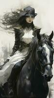 AI generated Epic fantasy. Beautiful woman warrior and her black horse ,looks at the battlefield photo