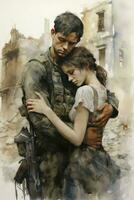 AI generated Emotional soldier saying his goodbye to his beloved before going to war. Patriotic serviceman embracing before leaving to go serve his country in the military. Watercolor style photo