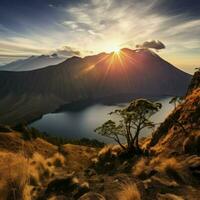 AI generated Mount Rinjani Lombok Backgroud, Digital Illustration photo