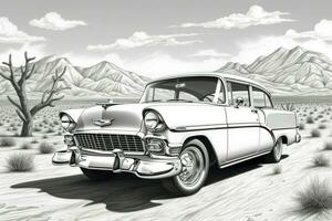 ai generado el contorno imagen de un retro clásico coche. negro y blanco, digital ilustración para colorante libro foto