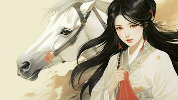 AI generated Epic fantasy. Beautiful woman warrior and her white horse ,looks at the battlefield photo