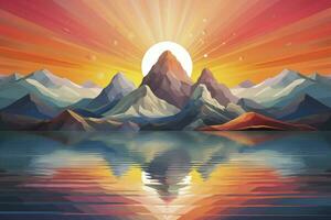 AI generated Mountain landscape with lake and sunset. Cartoon illustration of northern nature scenery. photo