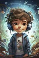 ai generado adolescente chico en grande auriculares escuchando a música en móvil teléfono. joven hombre vistiendo sudadera, pantalones y niños en pie y tocando teléfono inteligente plano estilo personaje ilustración foto