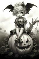 AI generated Little witch, Halloween party. A girl with pumpkins lantern photo
