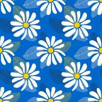 Wild chamomile flowers. Seamless summer pattern with large white flowers on a blue background. For printing on modern fabrics. Vector. vector