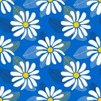 Wild chamomile flowers. Seamless summer pattern with large white flowers on a blue background. For printing on modern fabrics. Vector. vector