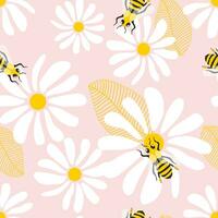 Wild chamomile flowers and honey bees. Seamless summer pattern with big white flowers and insects on a pink background. For printing on modern fabrics. Vector. vector