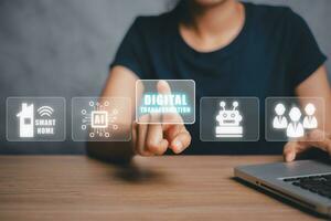 Digital transformation and digitalization technology concept, Young business woman working on laptop computer with virtual screen digital transformation icon on office desk. photo