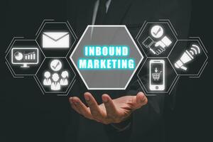 Inbound marketing concept, Businessman hand holding inbound marketing icon on virtual screen, Web Pages, Social, Call to Action, Attracting potential customers. photo