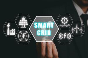 Smart grid concept, Businessman hand holding lightbulb with smart grid icon on virtual screen, Industrial and smart city network, Sustainability and Eco Energy. photo