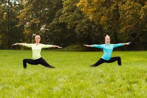 dos mujer haciendo yoga en naturaleza. foto