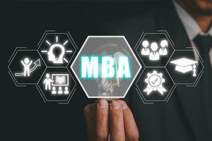 MBA, Master of business administration Education concept, Businessman hand holding lightbulb with Master of business administration Education icon on virtual screen. photo