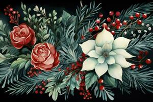 AI generated Winter bouquet of flowers on a black background. Watercolor. photo