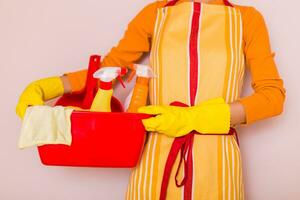 Housewife holding basket with cleaning equipment. photo