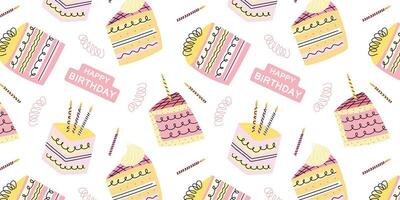 Seamless pattern pink pieces of cakes and candles on white background. Happy birthday pattern. Set of decorative slices of cakes. Vector design elements for postcards, stickers, label, logo and etc.