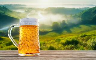 vaso de cerveza transparente con cerveza fría y espuma en la boca del vaso y las gotas de agua se adhieren a los bordes. tablón o superficie de madera y con paisaje de montaña bajo el sol de la mañana. representación 3d foto