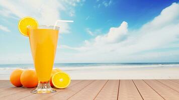 Orange juice in a clear glass with ice cubes and orange juice at the mouth of the glass. Cold drinks placed on the wooden balcony by the sea In the middle of the day. 3D rendering photo