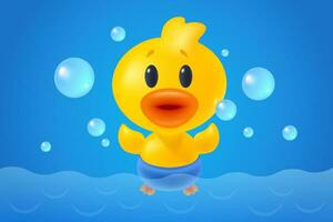 Vector illustration of cute duck with bubbles in bathroom in realistic style. Vector icon of kawaii duck with bubbles.