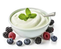 AI generated Green bowl of greek yogurt and fresh berries isolated on white background. AI Generated photo