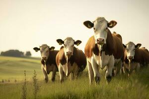 ai generado grupo de vacas en pie en un herboso campo. ai generado foto