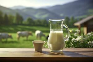 AI generated Glass pitcher with fresh milk on a wooden table. AI Generated photo