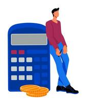 Man standing next to calculator with stack of money an isolated illustration for accounting and finance management topic. Finance calculation and accounting, money savings, flat vector. vector