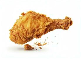 ai generado frito pollo pierna que cae en el aire aislado en un blanco antecedentes. ai generado. foto