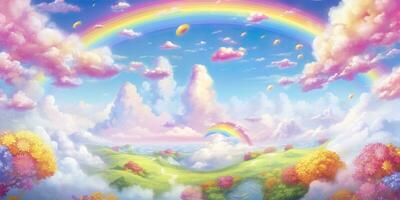AI generated Fantasy sky rainbow. Fairy skies rainbows colors, magic landscape and dream sky. Generate Ai photo