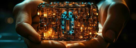 AI generated Cyber security, Hand hold digital padlock, Login verified identity credentials on network of data protection technology.Online internet authorized access photo