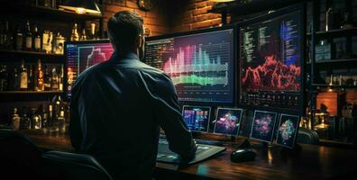 AI generated Finance trade manager analysing stock market indicators for best investment strategy, financial data and charts with business buildings in background photo