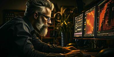 AI generated Finance trade manager analysing stock market indicators for best investment strategy, financial data and charts with business buildings in background photo