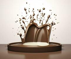 AI generated Chocolate splash with a podium, mockup background for milk product display, 3d. Generative AI photo