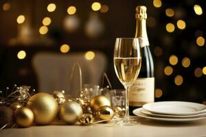 AI generated Christmas table setting with holiday decorations in gold color. AI Generated photo