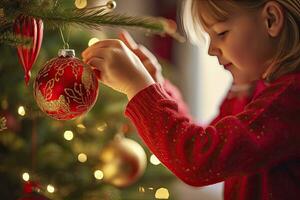 ai generado niño decorando Navidad árbol de cerca. ai generado foto