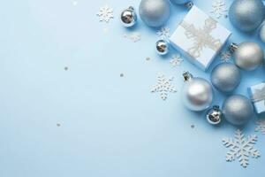 AI generated Christmas Eve concept. Top view photo of blue and silver baubles snowflake ornaments stylish present boxes and confetti. AI Generated