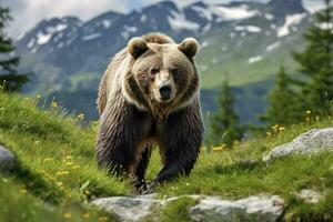 AI generated Brown bear moving on the green meadow in springtime nature. AI Generated photo