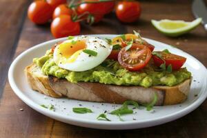 AI generated Avocado toast with eggs and roasted tomatoes. AI Generated photo