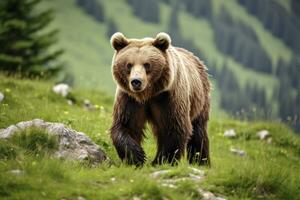 AI generated Brown bear moving on the green meadow in springtime nature. AI Generated photo