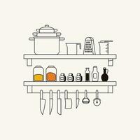 Kitchen utensils on shelf. Vector illustration in linear style