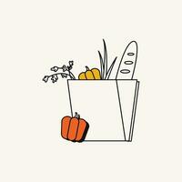 Vector illustration of a paper bag with food in one line style.