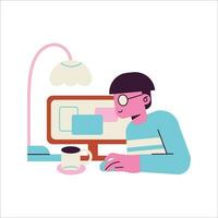 Man working on computer at home. Vector illustration in flat style.