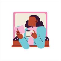 Young woman reading a book at home. Vector illustration in flat style