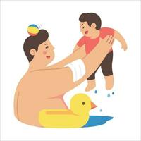 Mother and son playing with rubber duck. Flat style vector illustration.