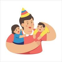 Happy father with his two children. Vector illustration in cartoon style.