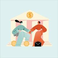 Businessman and businesswoman shaking hands. Vector illustration in flat style